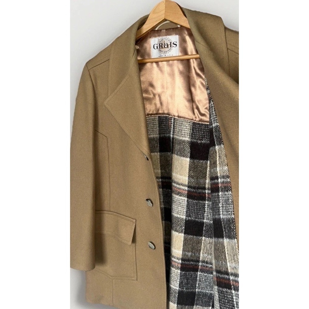 Vintage Grais Wool Ranch Coat Men's 40 Tan Western Plaid Lined 1/2 Belt USA Made